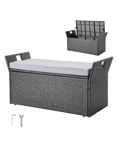 Gouun Pe Rattan Outdoor Storage Bench for Two with Cushion