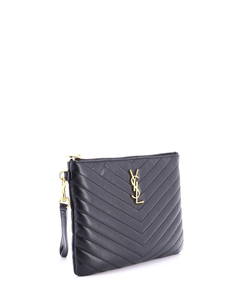 Pre-Owned Saint Laurent Small Classic Monogram Wristlet Pouch Matelasse Chevron Leather