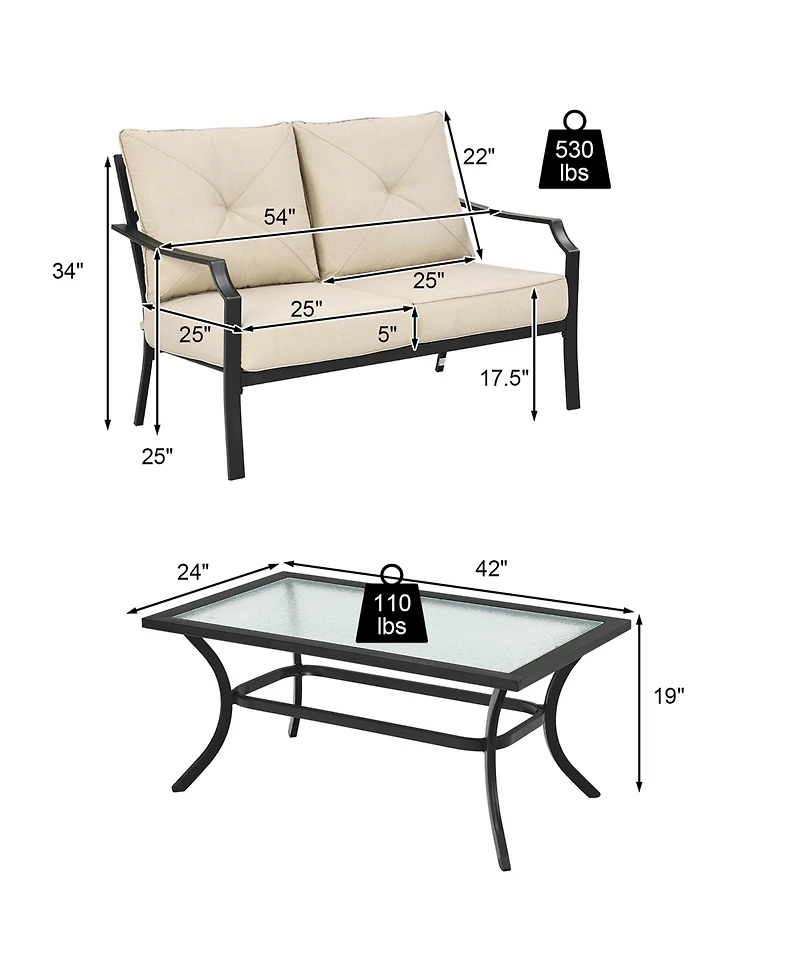 Gymax 2PCS Outdoor Loveseat Set Cushioned Patio Bench Sofa w/ Coffee Table
