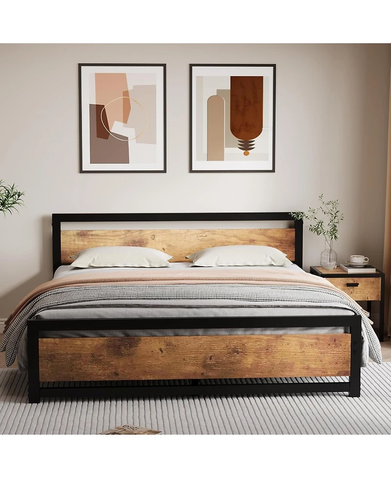 gaomon King Bed Frame, Metal Platform with Wooden Headboard and Footboard, Non-Slip Heavy Duty, Large Under Bed Storage, Noise-free, No Box Spring