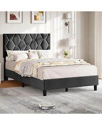 gaomon Twin Size Mdf + Iron + Fabric Diagonal Grid Soft Mattress, Comfortable Upholstered Bed Frame in Gray, No Box Spring Needed, Space-Saving Design