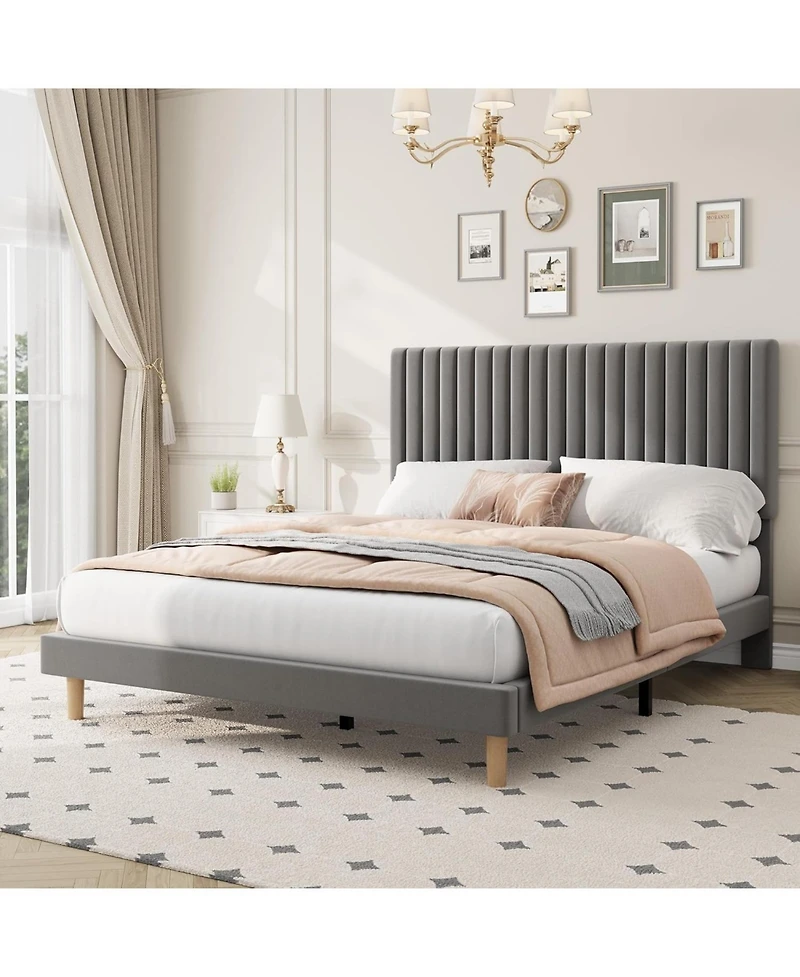 gaomon Queen Size Iron + Mdf Vertical Stripe Bed Frame, Light Gray Upholstered, Modern Design, No Box Spring, Sturdy Construction