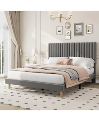 gaomon Queen Size Iron + Mdf Vertical Stripe Bed Frame, Light Gray Upholstered, Modern Design, No Box Spring, Sturdy Construction
