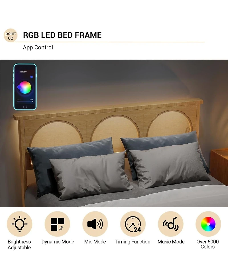 gaomon Queen Boho Rattan Bed Frame with Rgb Led Headboard, Underbed Storage, Solid Wood Slats, No Box Spring, Easy Assembly