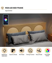 gaomon Queen Boho Rattan Bed Frame with Rgb Led Headboard, Underbed Storage, Solid Wood Slats, No Box Spring, Easy Assembly