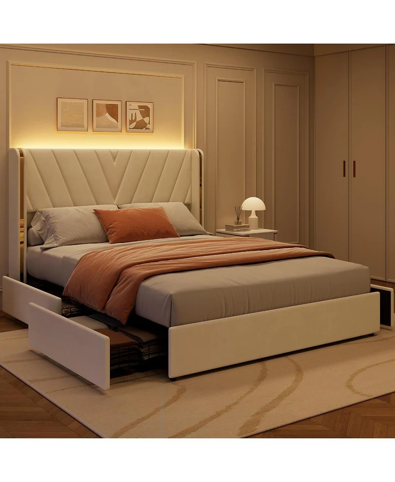 gaomon Queen Velvet Platform Bed Frame with 4 Storage Drawers, Rgb Led Lights & Wingback Headboard, Noise-Free, No Box Spring, Easy Assembly