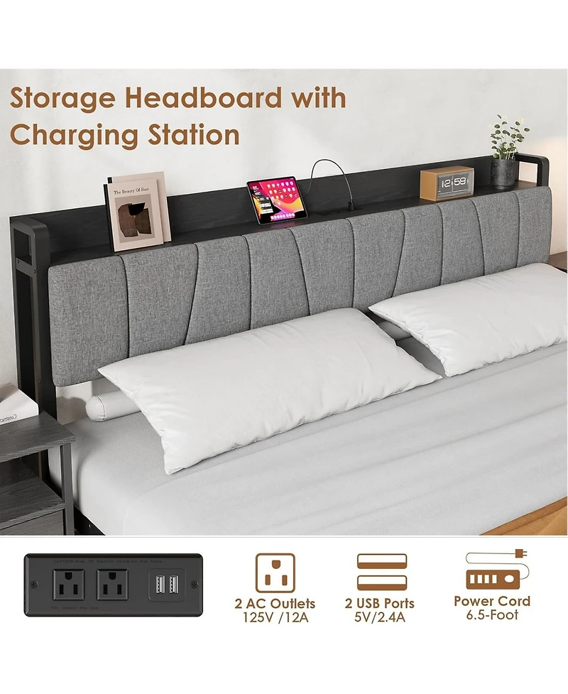 gaomon Queen Size Platform Bed Frame with Storage Headboard, 2 Large Drawers, Usb Charging Station, Noise-Free, No Box Spring Needed