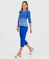 Jm Collection Petite Sienna Border 3/4-Sleeve Top, Macy's Exclusive