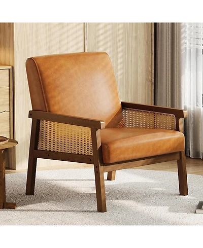 gaomon Pu Leather Accent Chair,Rattan Armchair with Wooden Frame,High Back,Upholstered Reading Chair Leisure Chairs for Living Room Bedroom