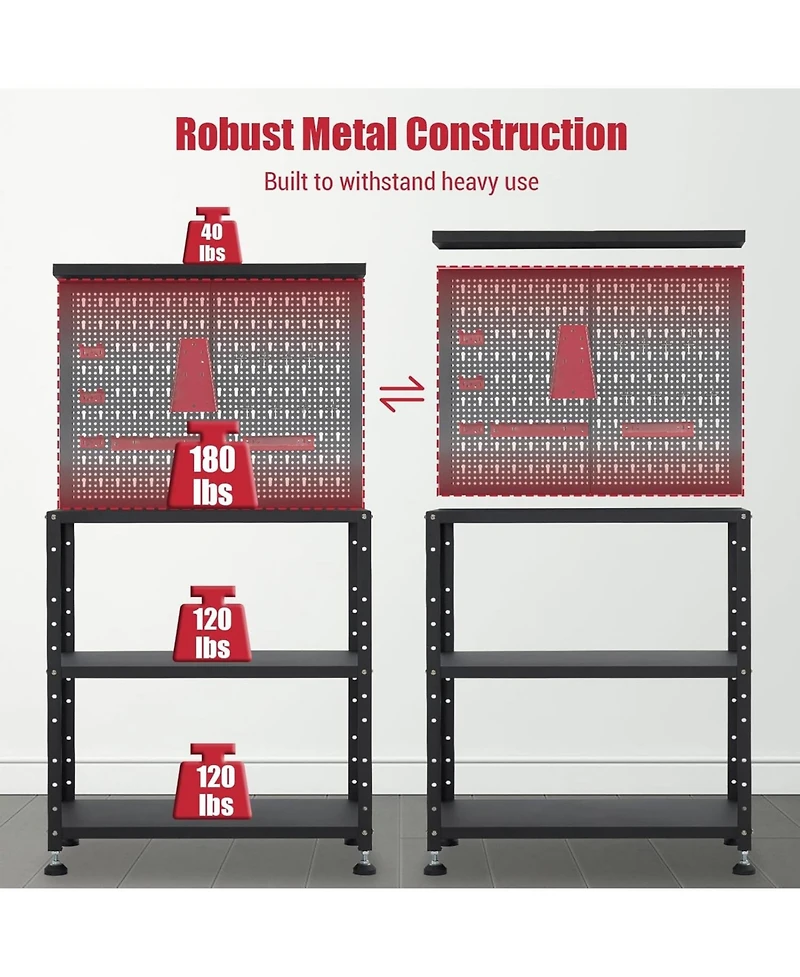 gaomon Heavy Duty Garage Workbench with Pegboard,32" Adjustable Garage Workbench with Tool Organizer,Industrial Metal Work Table with Shelves