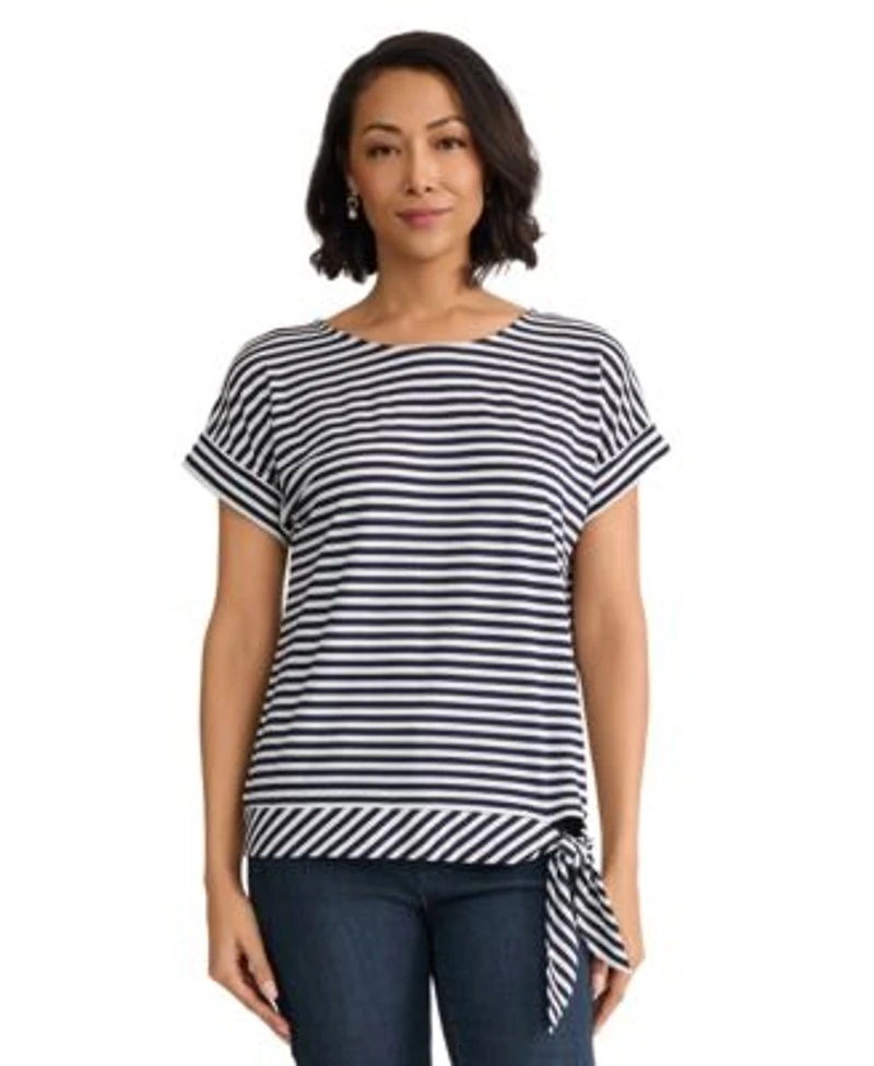 Jones New York Womens Short Sleeve Striped Side Tie Boat Neck T Shirt