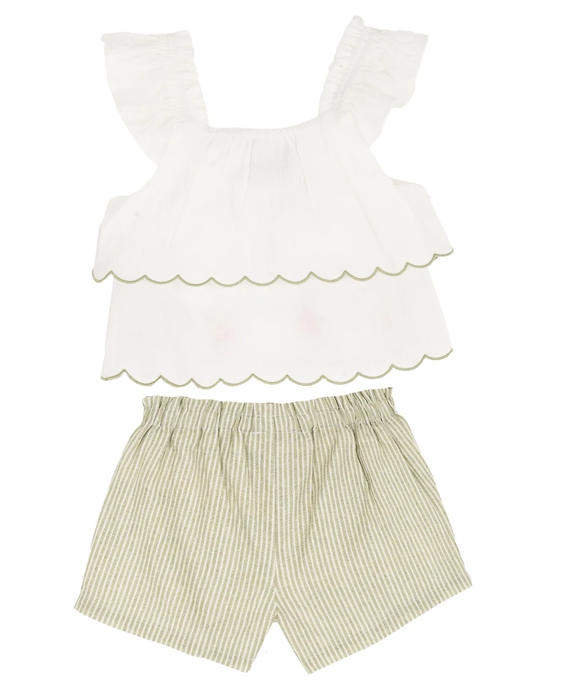 Rare Editions Baby Girls' Flutter Cap Sleeve Top and Stripe Olive Shorts, 2-Piece Set