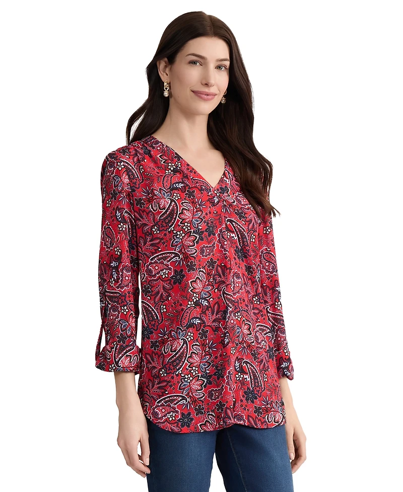 Jones New York Women's Long-Sleeve V-Neck Printed Polyester Top