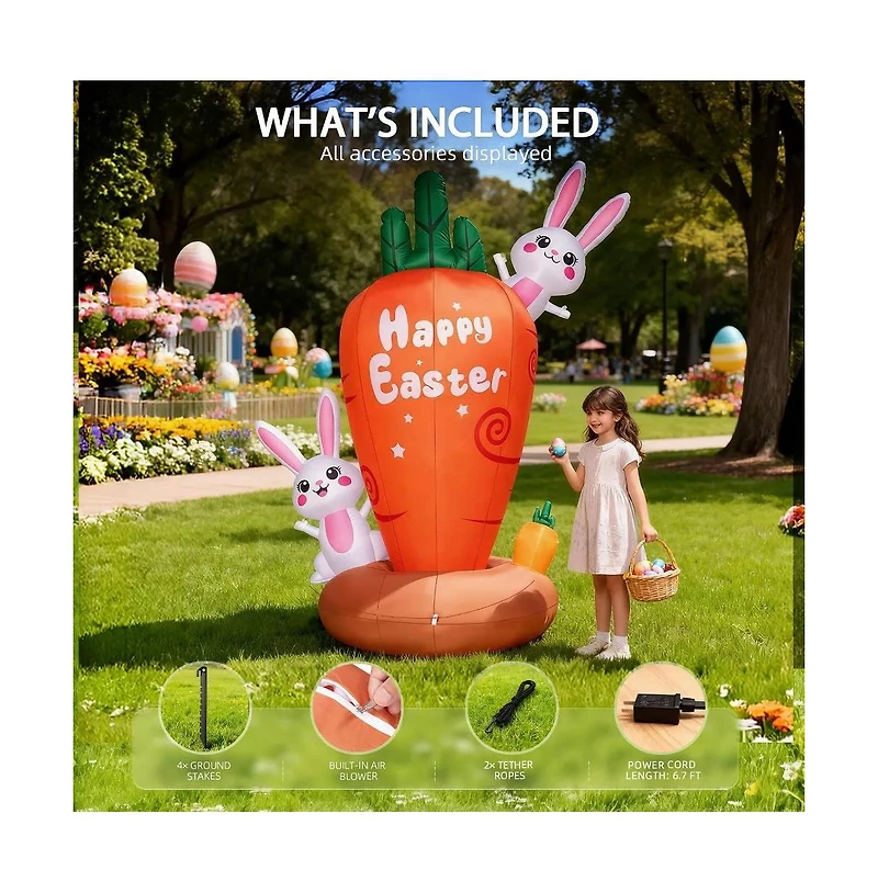 Hongge 7 ft Inflatable Easter Bunny with Led Lights and Carrot for Yard and Garden