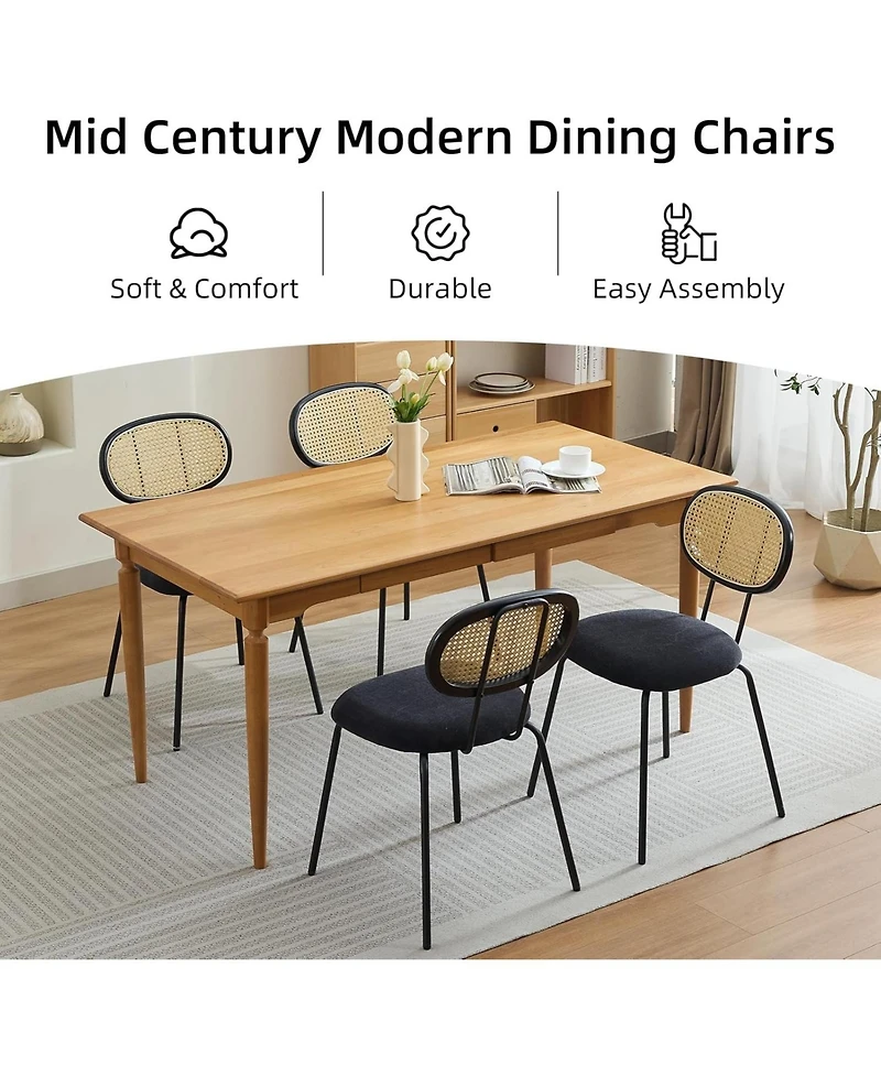 gaomon Rattan Dining Chairs Set of 4,Mid Century Dining Room Chairs with Metal Legs,Modern Velvet Upholstered,Mesh Back Cane Kitchen