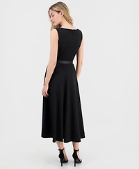 Anne Klein Women's Asymmetric-Neck Belted Midi Dress