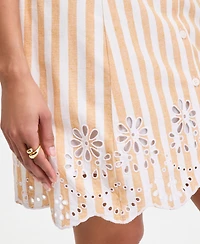 On 34th Women's Striped Linen Blend Embroidered Button-Front Mini Dress, Macy's Exclusive