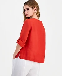 Charter Club Petite 100% Linen Cuffed Top, Created for Macy's
