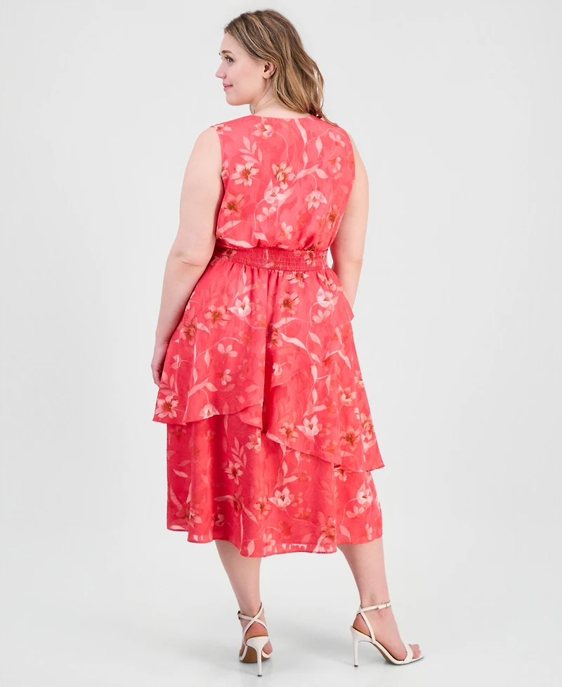 Anne Klein Plus Smocked-Waist Tiered Midi Dress