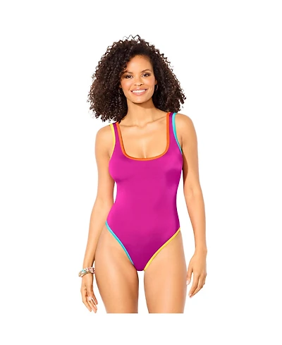 Swimsuits for All Women's Shimmer Trim Square Neck One Piece Swimsuit