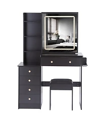 Rainsken 37" Makeup Vanity Set with Touch Control Led Sliding Mirror, Cushioned Stool, Makeup Desk with Usb Charge and Hair Dryer Stand for Bedro