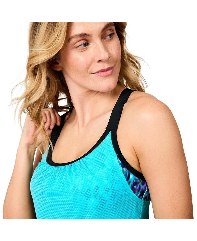 Free Country Women's Textured Mesh Side Tie Blouson Tankini Top