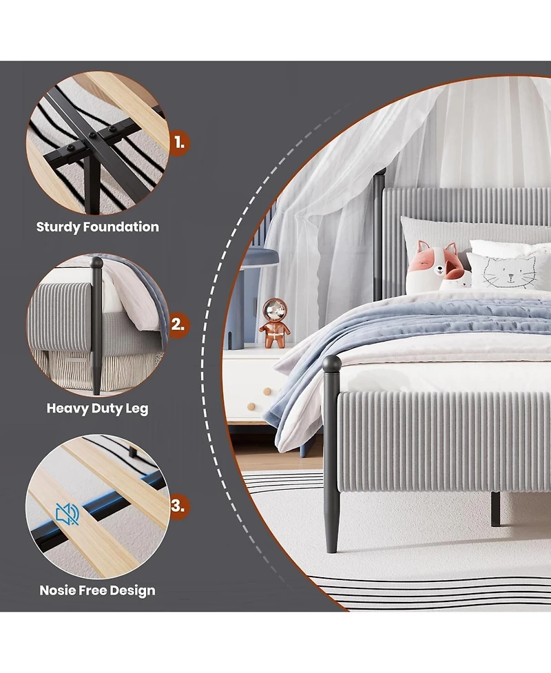 gaomon Twin Size Velvet Corduroy Fabric Bed Frame, Plywood and Iron Construction, Cone-Shaped Iron Foot, Soft Bag Design