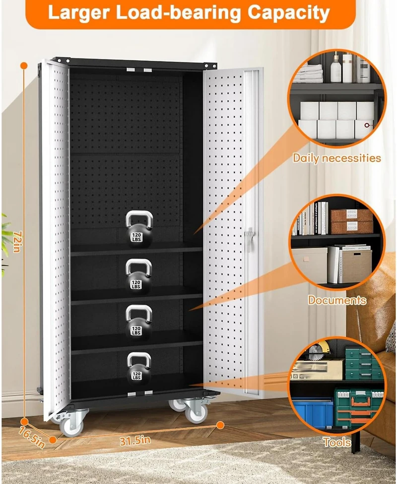 gaomon 72-Inch Steel Metal Storage Cabinet with Wheels, Lockable Rolling Garage Organizer with Pegboard and 4 Adjustable Shelves