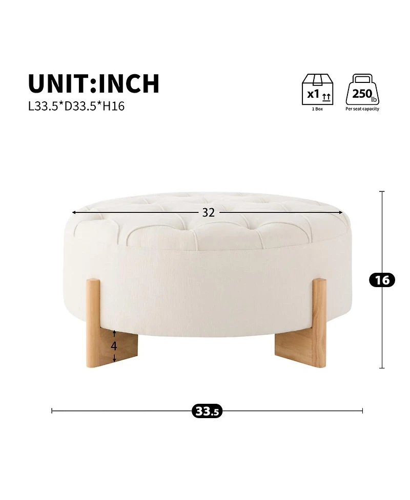 Maison Boucle 32" Round Tufted Ottoman, Chenille Footrest with Solid Wood Legs