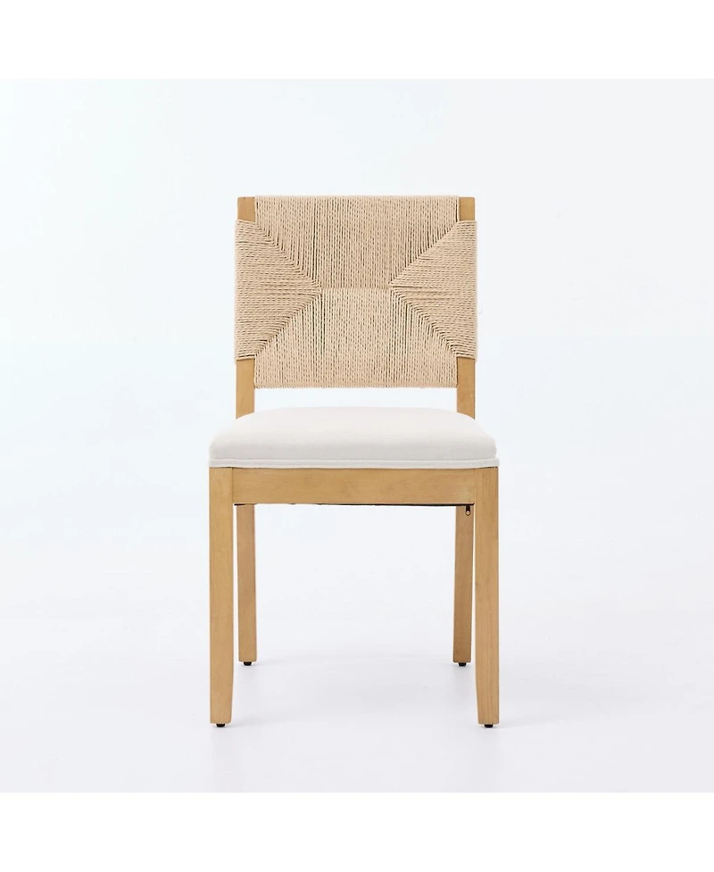 Maison Boucle Set of 2 Rope Rattan Dining Chairs with Wood Frame and Linen Seat