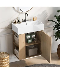 Busdays Modern 21.6 inch Floating Bathroom Vanity with Ceramic Basin and Left Side Storage in Wood Finish