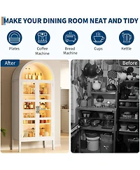 gaomon Tall Arched Kitchen Pantry Cabinet with Led Lights, Modern Wood Arched Bookshelf with Glass Doors & Adjustable Shelves, Elegant Display Cabinet