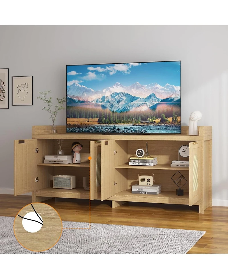 gaomon rattan Tv stand for 65'' TVs, mid century modern console with glass doors, storage cabinet, and 61.5'' table for living rooms.
