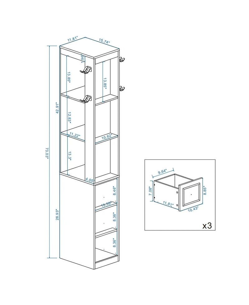 Rainsken 73" Tall Slim Storage Cabinet, 3-Tier Display Shelves with 3 Drawers and 2 Hooks, Mdf Bookshelf for Living Room, Home Office