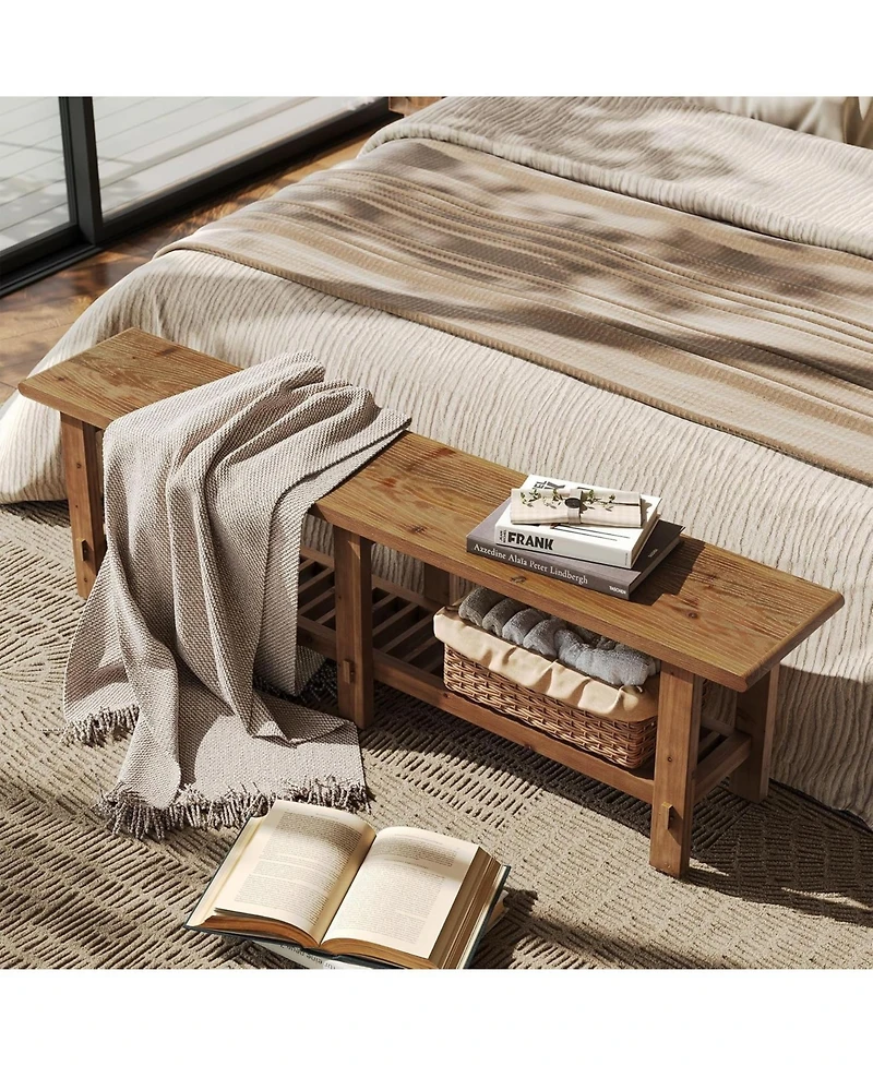 Tribesigns Solid Wood Entryway Bench, 63" End of Bed Bench with Shoe Storage Rack, Farmhouse Narrow Seating