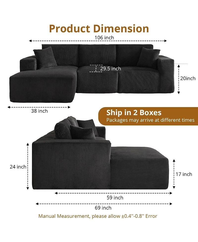 gaomon 108" L-Shaped Modular Sectional Sofa, 3-Piece Corduroy Cloud Couch with Right Facing Chaise & Armrests, No Assembly
