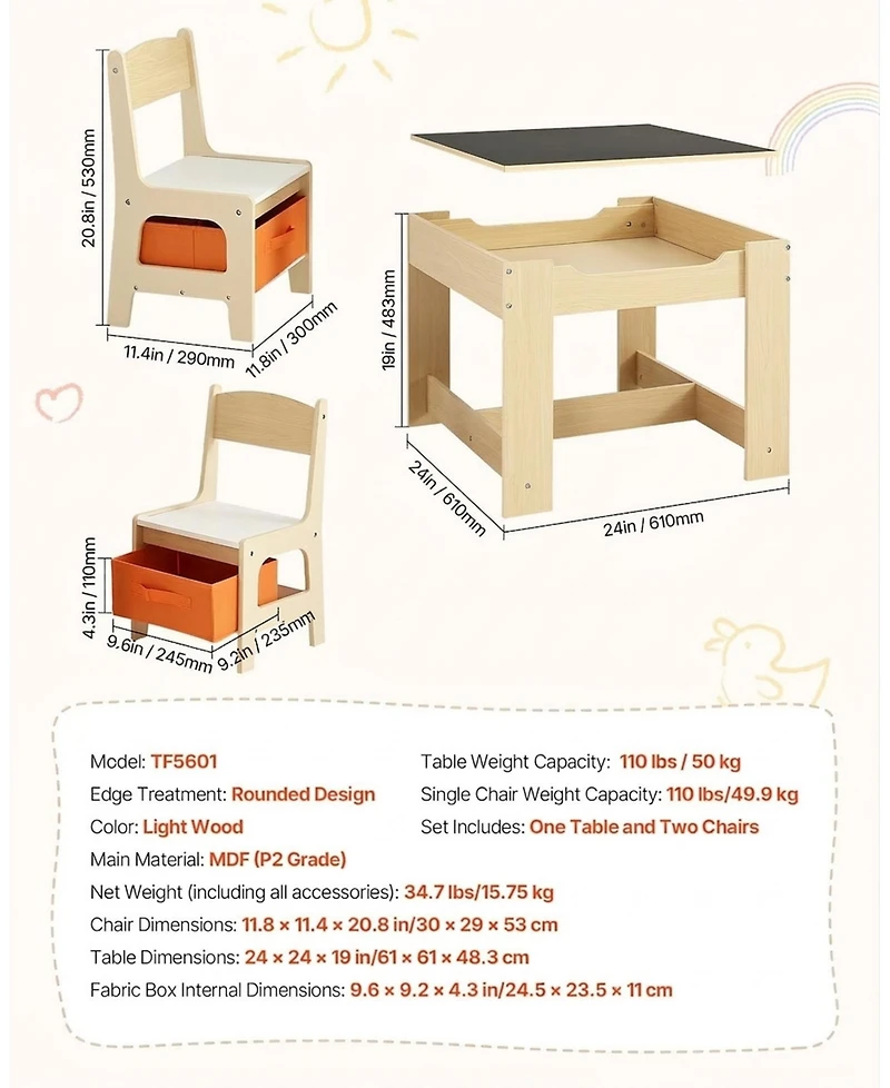 Gouun Kids Table and 2 Chairs Set with Reversible Top and Storage for Art and Learning