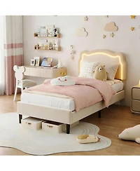 gaomon Twin Upholstered Smart Led Bed Frame with Velvet Princess Headboard and Wooden Slat Support, No Box Spring Needed