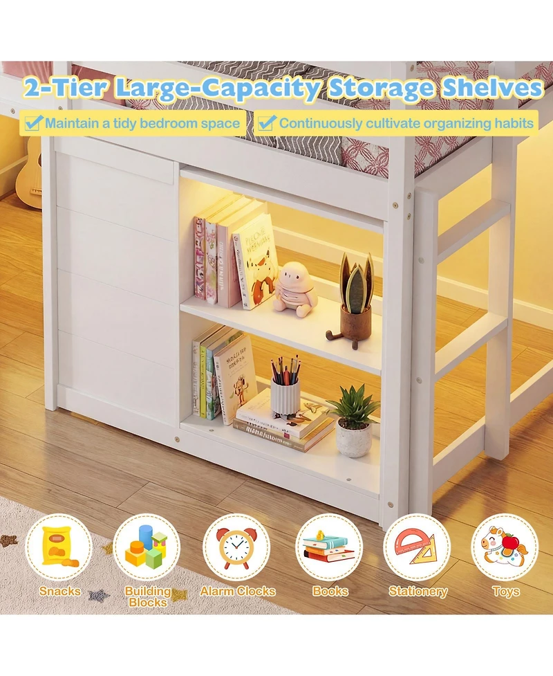 Sugift Wooden Low Kids Loft Bed with Led Lights and 2 Doors