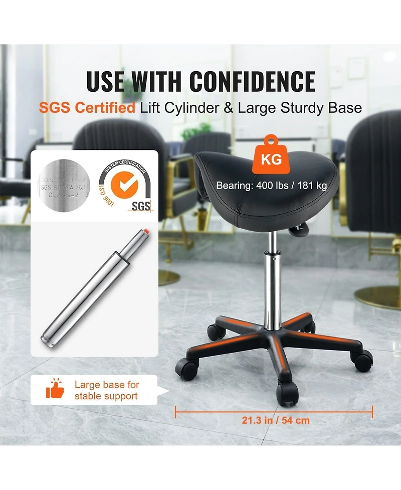 Gouun Adjustable Saddle Stool with Wheels 400 lb Capacity Swivel Pu Leather Salon Chair