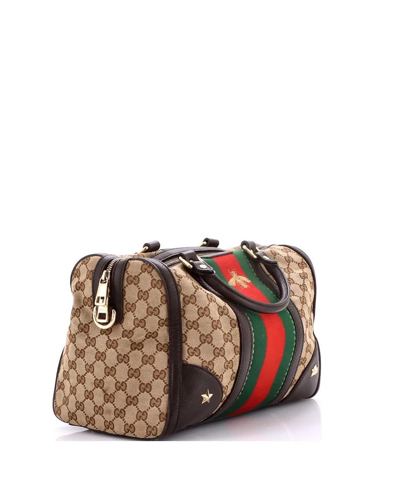 Pre-Owned Gucci Medium Vintage Bee Web Boston Bag Gg Canvas