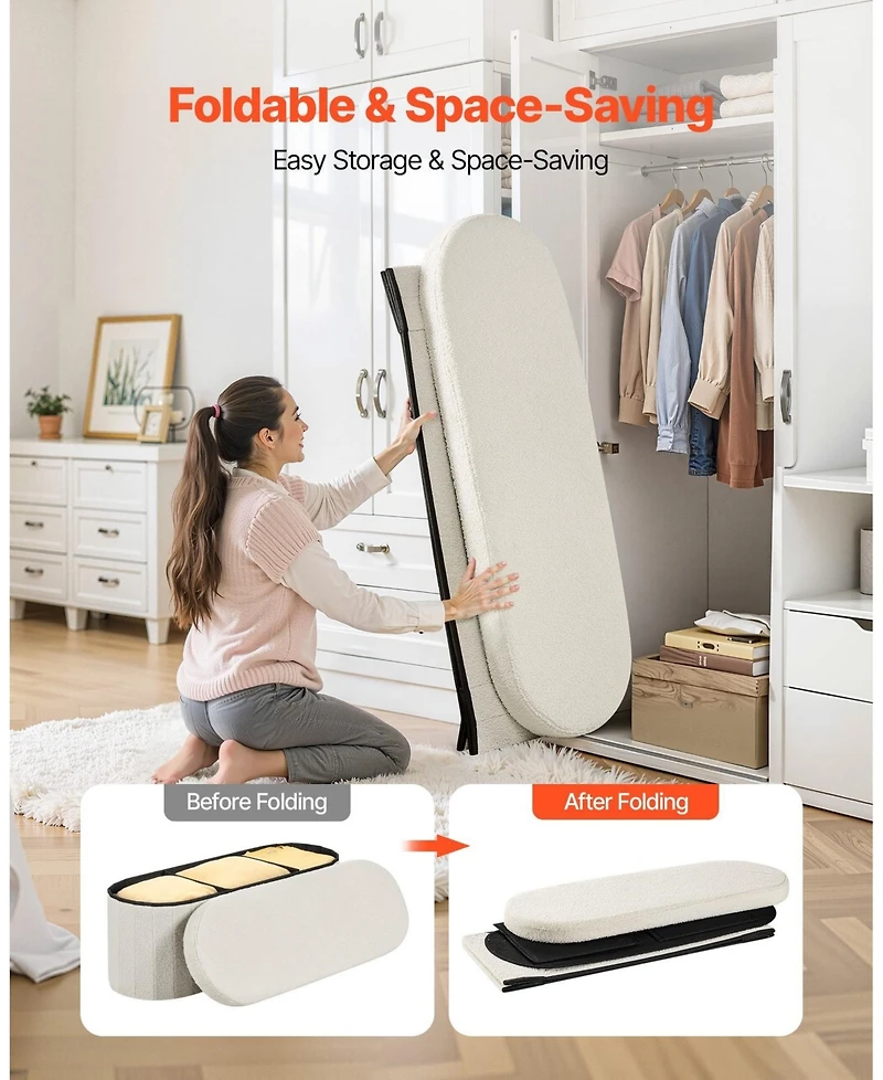 Gouun Oval Teddy Fleece Storage Ottoman Bench with Foldable Hidden Storage