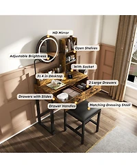 Rainsken Makeup Vanity Desk with Mirror and Led Lights, Dressing Table Set with Chair, Open Shelves, 2 Storage Drawer and Power Outlet for Bedroom