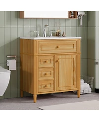 Busdays 30" Bathroom Vanity with Sink, Solid WoodandMDF, Flip-Out Drawer, 2 Soft-Close Drawers, 1 Soft-Close Door, Elegant Handles