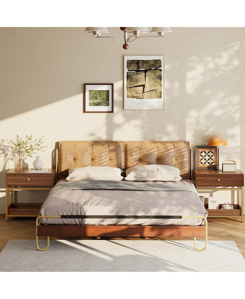 Rainsken Nightstand with Drawer and Open Shelf, Sofa Side Table with Gold Metal Frame, Modern Bedside Table for Bedroom and Living Room