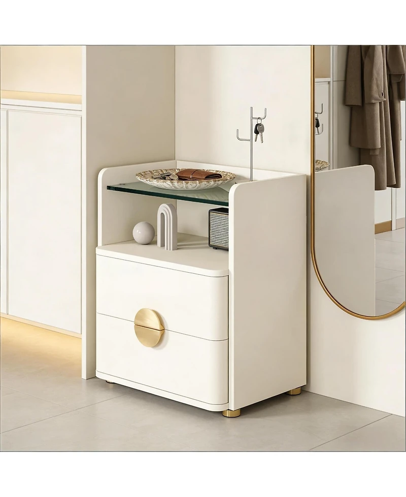 Rainsken 2-Drawer Nightstand, Modern Wood Bedside Table with Open Tempered Glasses Storage Space, End Table for Living Room and Bedroom