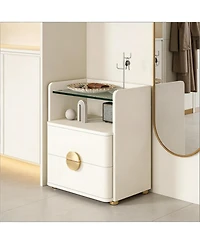 Rainsken 2-Drawer Nightstand, Modern Wood Bedside Table with Open Tempered Glasses Storage Space, End Table for Living Room and Bedroom