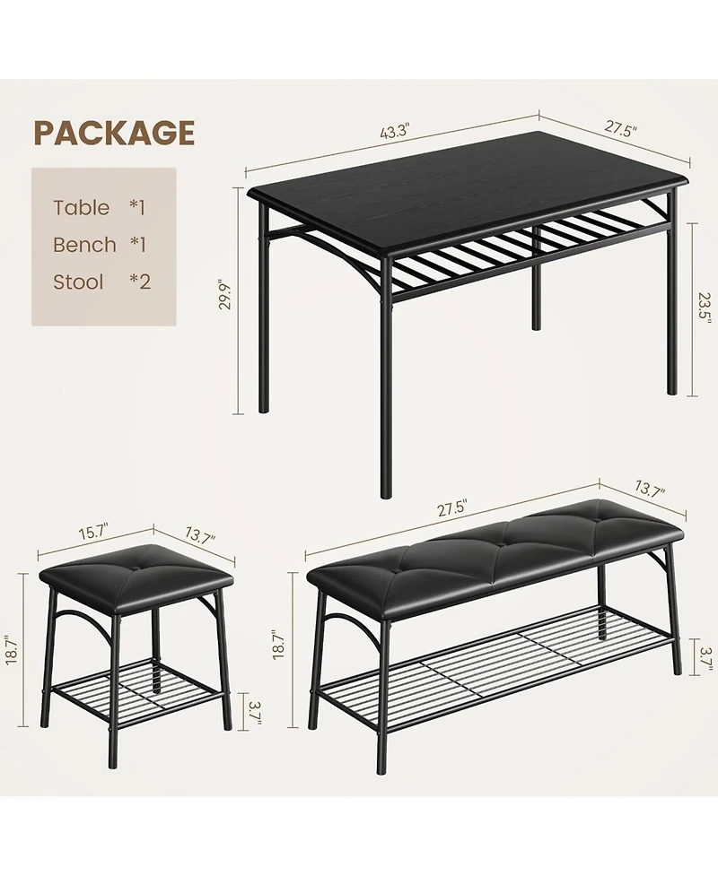 gaomon Dining Room Table Set for 4, Metal Frame Kitchen Table Set with Upholstered Bench and 2 Square Stools, 4 Piece Dinette Set with Storage Shelves