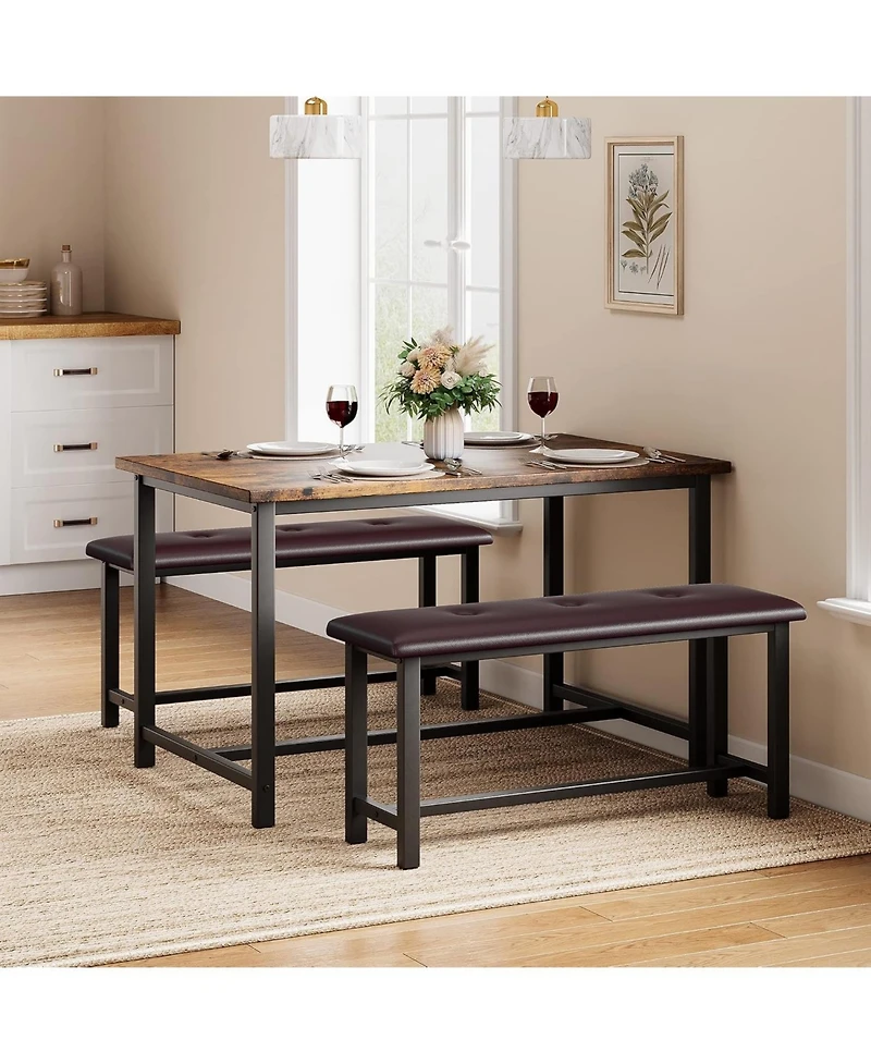 gaomon Kitchen Table Set with 2 Upholstered Benches for 4, Dining Room Metal and Wood Rectangular Table Set for Small Space, Apartment