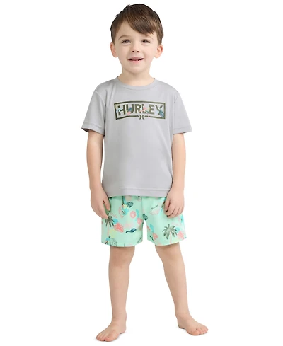 Hurley Boys' Toddler 2T-5T Parrot-Dise Swim T-Shirt and Shorts, 2-Piece Set